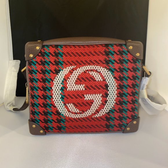 RARE! Gucci Houndstooth And Stripe Shoulder Bag Red & Green NEW W DUSTBAG - Picture 2 of 10